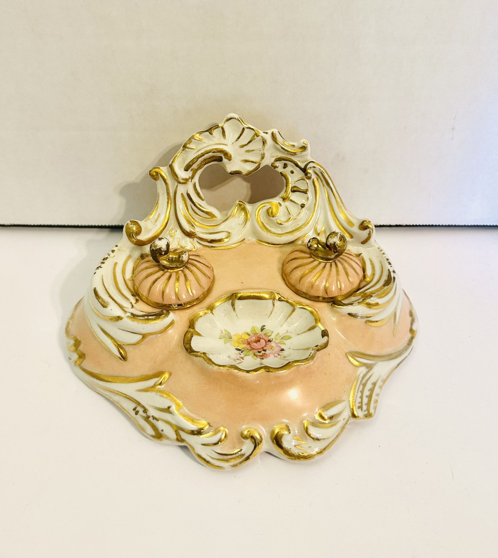 Vintage Antique Limoges Double Inkwell With Lids Pink White And Gold