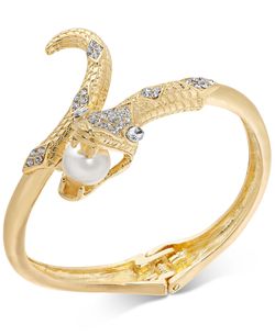 Gold-Tone Crystal and Imitation Pearl Snake Bangle Bracelet!