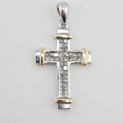 14k gold 2 tone diamond cross pendant
