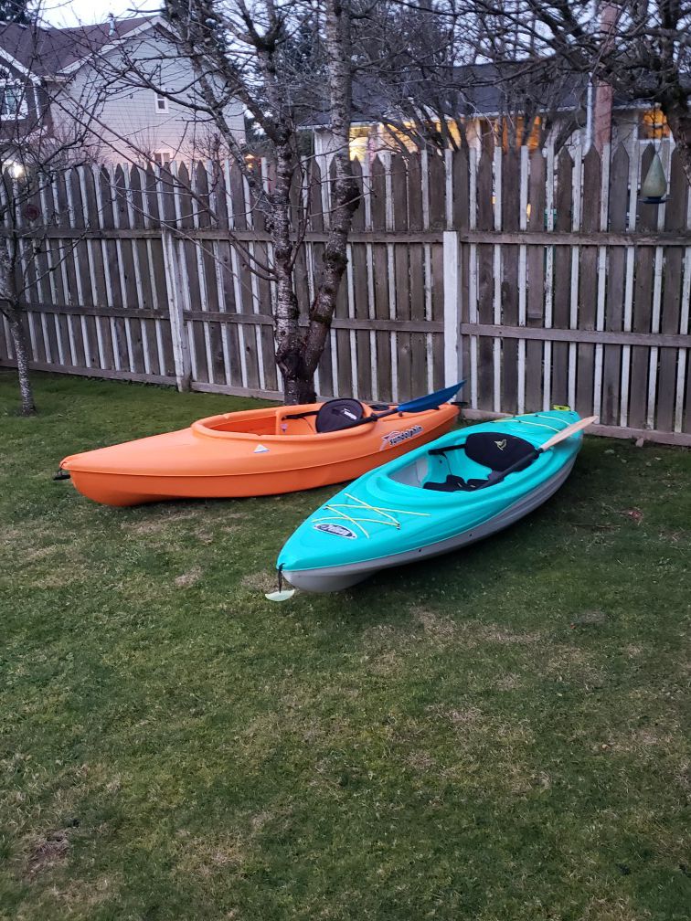 2 kayaks with paddles