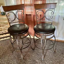 Two Very Nice Leather & Metal Bar Stools 