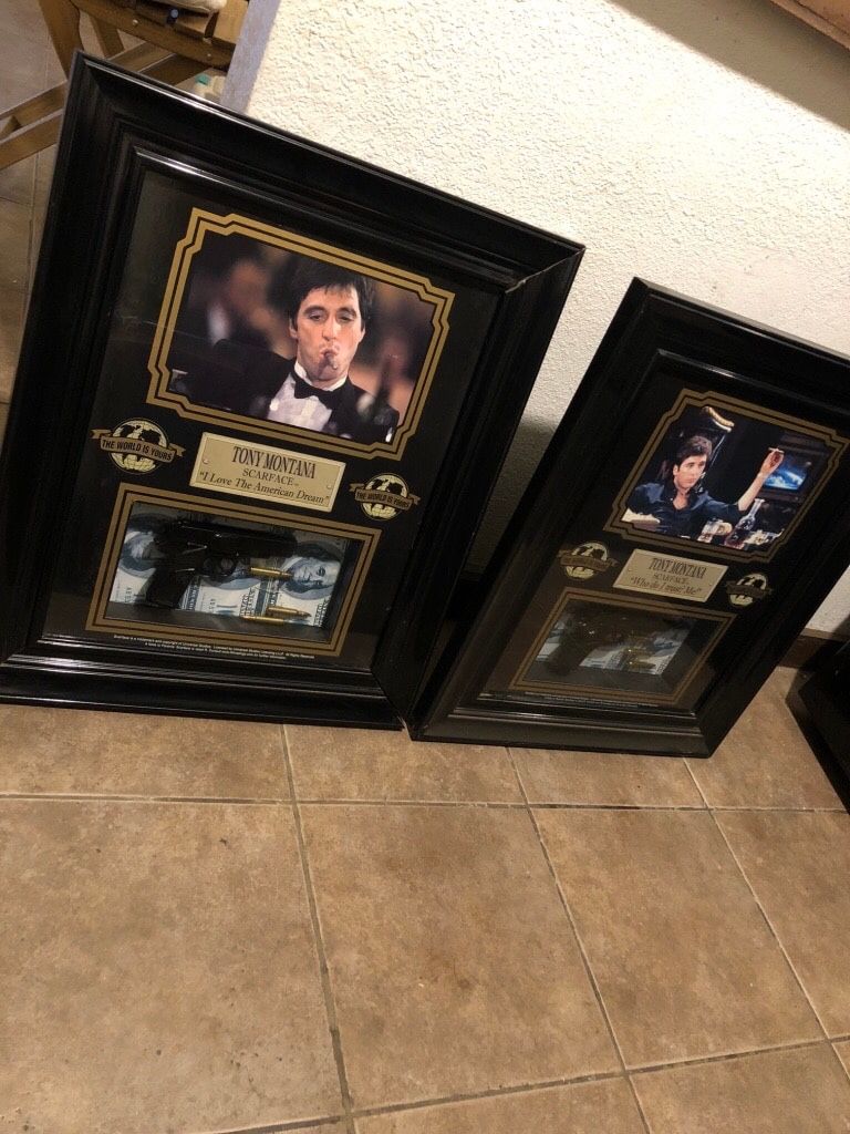 SALIM COLLECTION AL PACINO "SCARFACE" TONY MONTANA FRAMED SHADOW BOX PICTURE w/ GUN & BULLETS