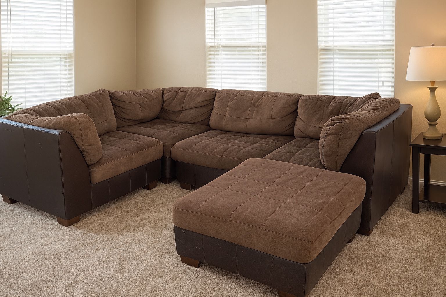 Brown and Black 5-Piece Modular Sectional Sofa – Adjustable Layout – Microfiber & Leather Couch