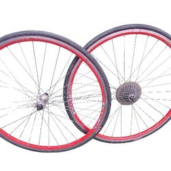 Pair of Red Rim 700c Bicycle Wheels - Vuelta & Airline Tires - Front & Rear