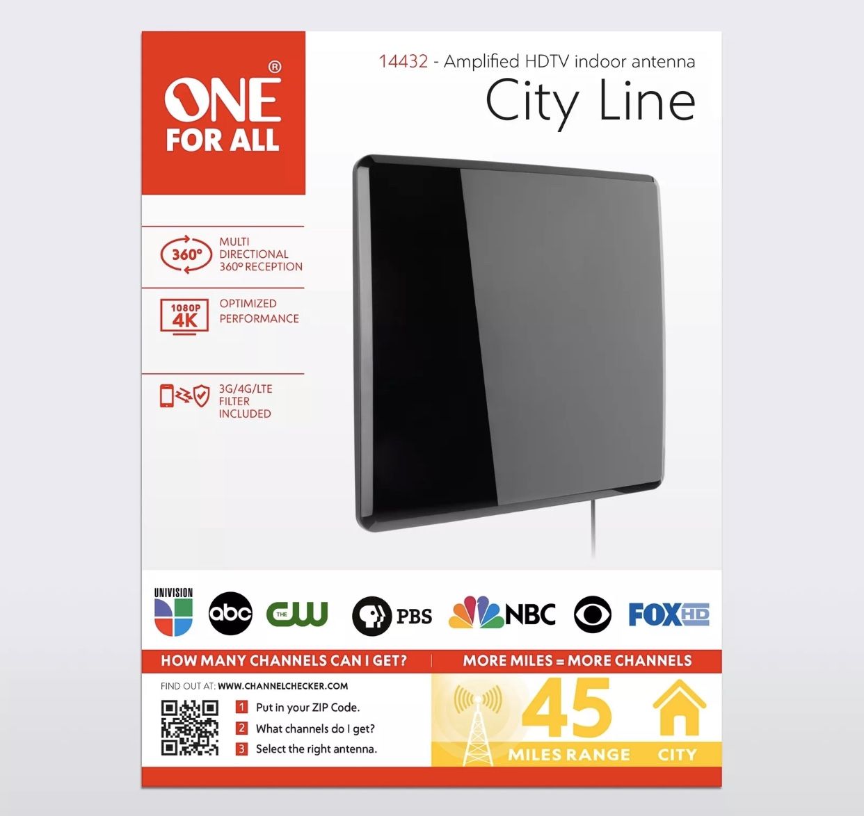Antenna One For All 14432 Amplified Indoor Flat HDTV Antenna - Supports 4K 1080p