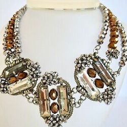 Dramatic STATEMENT NECKLACE Silver Tone Triple Crystal Segments 
