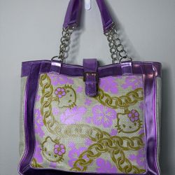 Pre Owned Sanrio Hello Kitty Faux Straw Tote Bag Purse Faux Leather Metallic Straps 