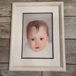 Original (not a print) watercolor painting of a baby - framed with glass