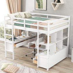 NEW Full Size Loft Bed with Desk and Shelves, Wooden Loft Bed Frame with Storage Drawers