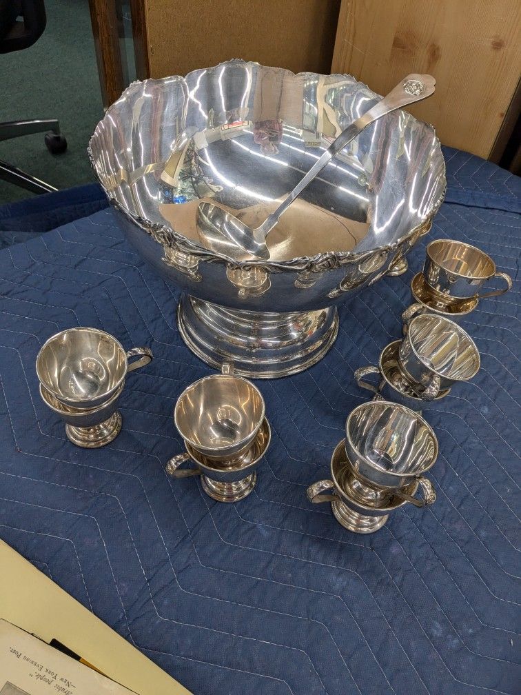 Vintage Japanese Silver Nickel Punch Bowl Set