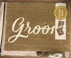 Bride and groom & Just married burlap chair signs for a wedding
