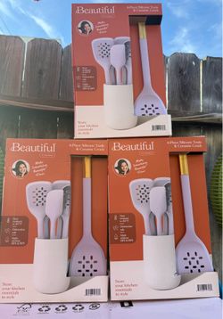 Beautiful by Drew Barrymore 6-Piece Lavender Silicone Utensil Set with Crock