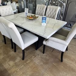 New 7 piece rectangular marble top dining table set sand 