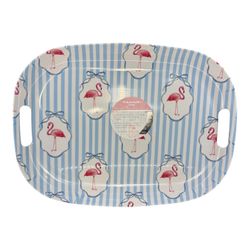 Tahari Home Flamingo Melamine Serving Tray Platter Blue White Stripe Summer 19"x14" NEW