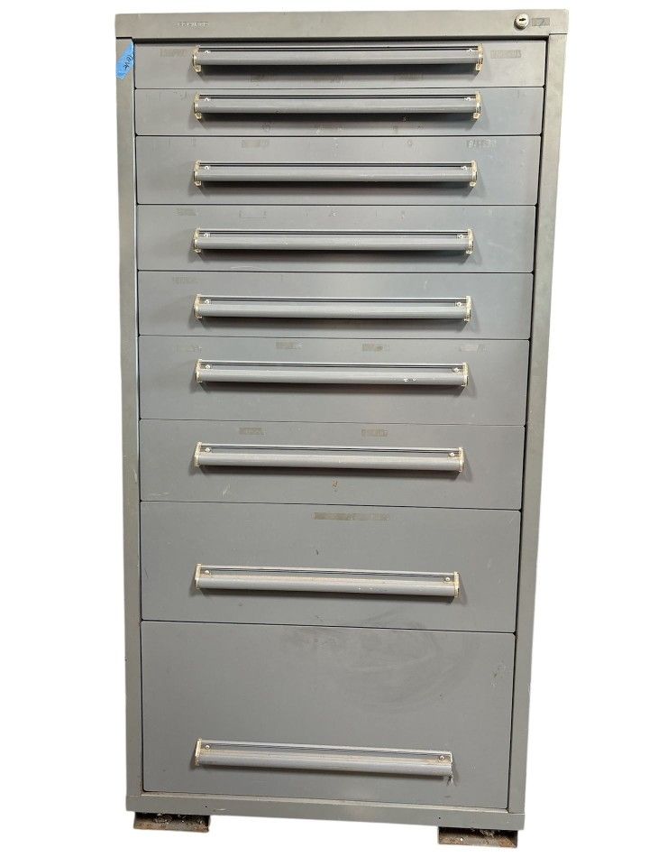 Equipto Heavy Duty, Nine Drawer Tool, Parts, Chest, Cabinet w/ Forkable Frame 59” T 30” Wide