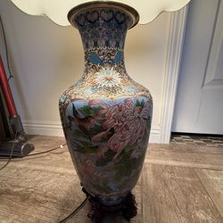 Vintage Handcrafted Cloisonné Enamel Vase Lamp w/ Wood Base