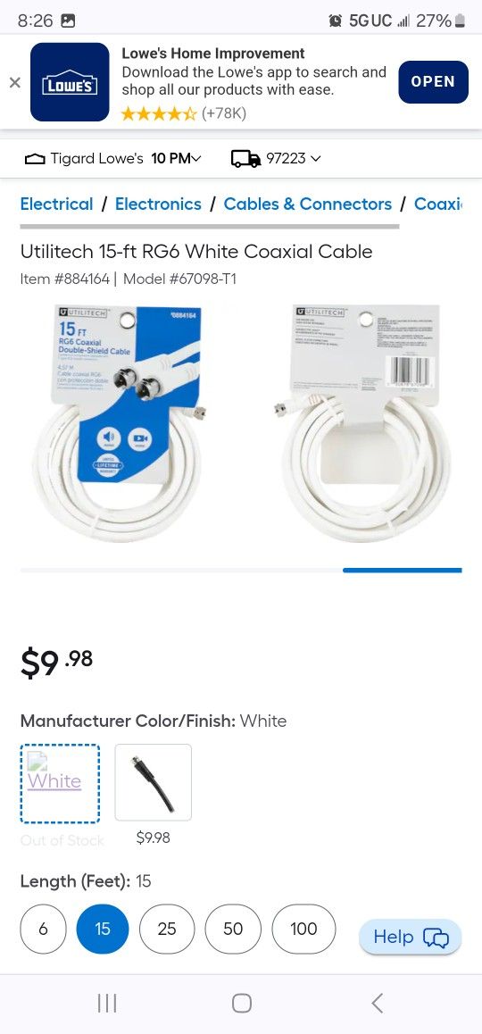 Utilitech 15-ft RG6 White Coaxial Cable