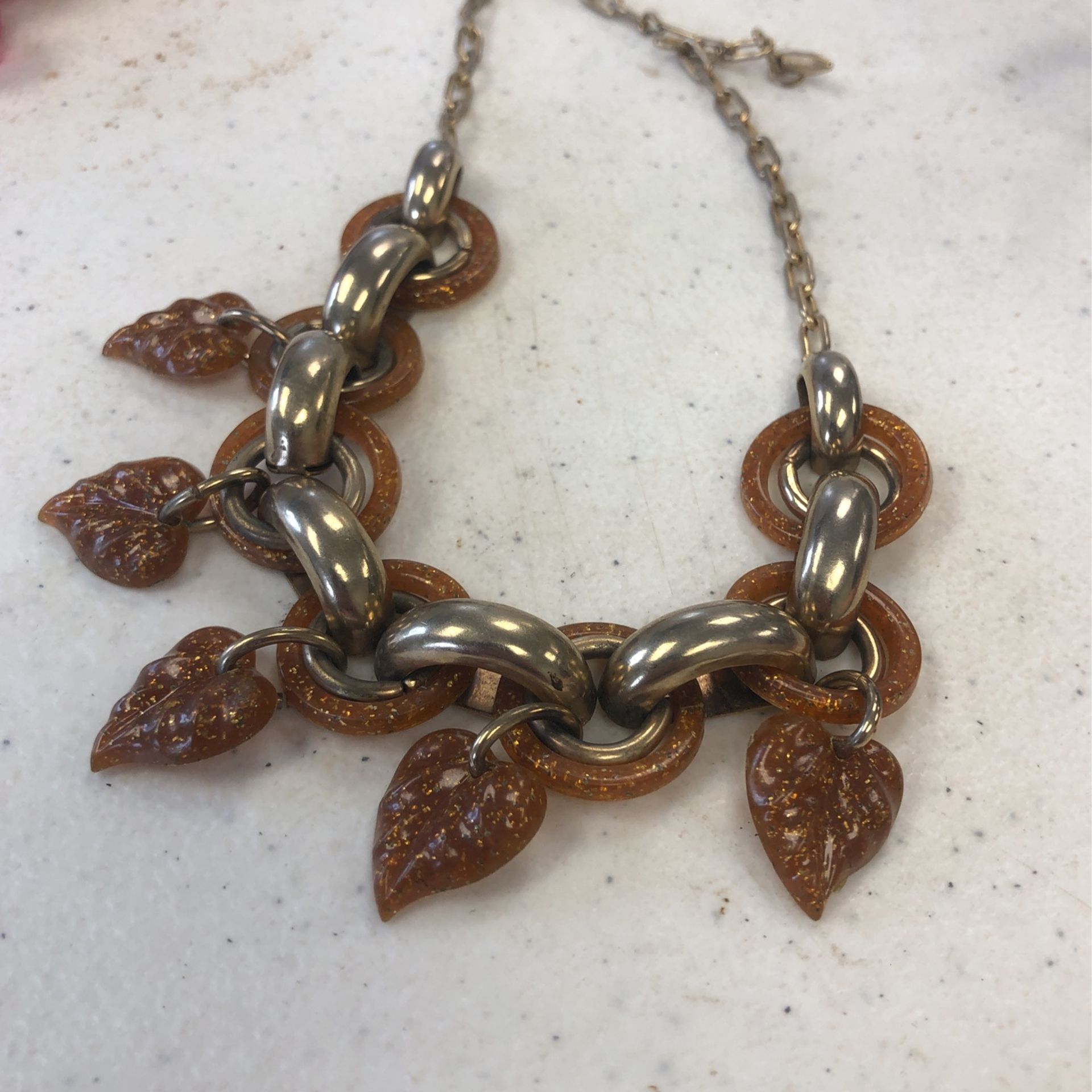 Vintage Art Deco Amber Molded Glitter Lucite Leaves That Dangle Necklace