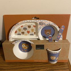 Nib Smart Living Bamboo Fiber 5 Pc Kids Dinner Set-Woodland Friends