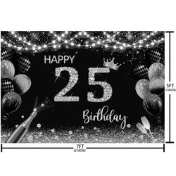  Black and Silver Happy 25th Birthday Backdrop