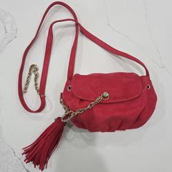 Henri Bendel Small Drawstring Magnetic Bucket Crossbody Bag Tassel Leather Pink