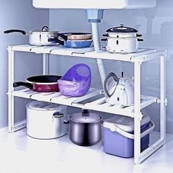 2 Tiers Pool Space Arrangement Frame Adjustable Family Kitchen Rack, White, under sink shelf