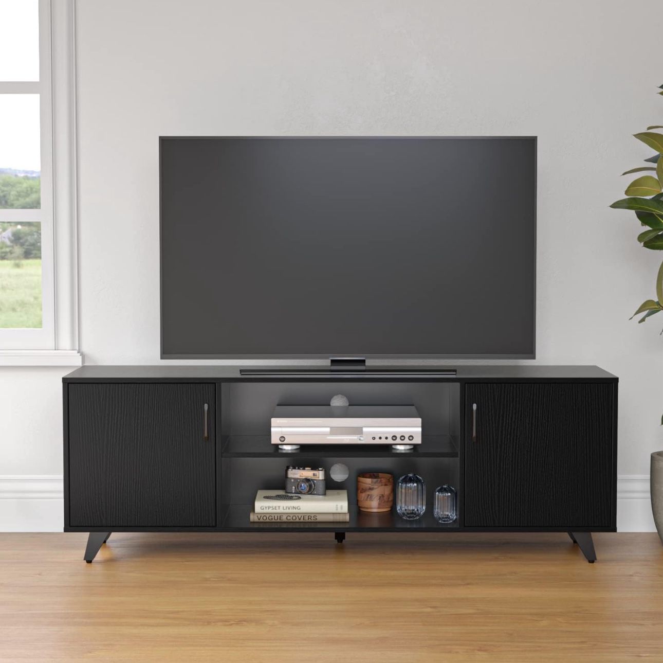 Panana TV Stand Television Stands TV Console Unit with Shelf and 2 Doors Storage Cabinets for Living Room Bedroom for TVs up to 70 Inches (Black, 62.9