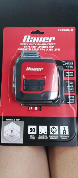 Bauer 50 ft. self-leveling 360-degree horizontal cross-line laser level,features a 360-degree horizontal line, a vertical line, and a manual mode for 