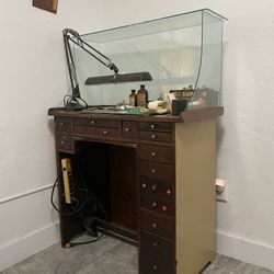 “watchmaker bench” “jeweler bench” “antique workbench” “apothecary drawers” “industrial vintage desk” “restoration piece”