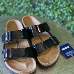 new Birkenstock arizona black patent leather open back sandals size 7
