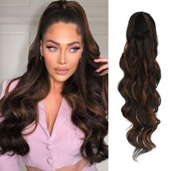 Clip In Synthetic Ponytail 24 Inch Dark Brown Mix Light Auburn Long