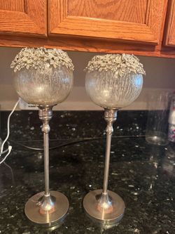 2  candle holder glass end metal silver color