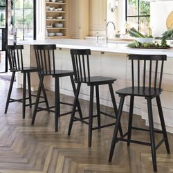 Wooden Bar Stools Set of 4, 24 Inch Counter Height, Black Windsor, Farmhouse, for Kitchen Island, with Spindle Back, Stools Chairs