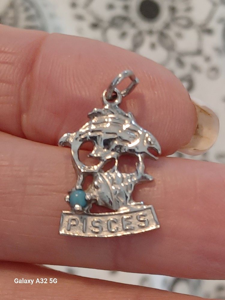 Vtg.sterling Silver Horoscope" Pisces Turquoise Pendant