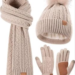 Winter Beanie Hat Scarf Gloves Set for Women, Pom Pom Beanie Fleece Lined Knit Neck Warmer Touchscreen Gloves 3 in 1 Gift Set