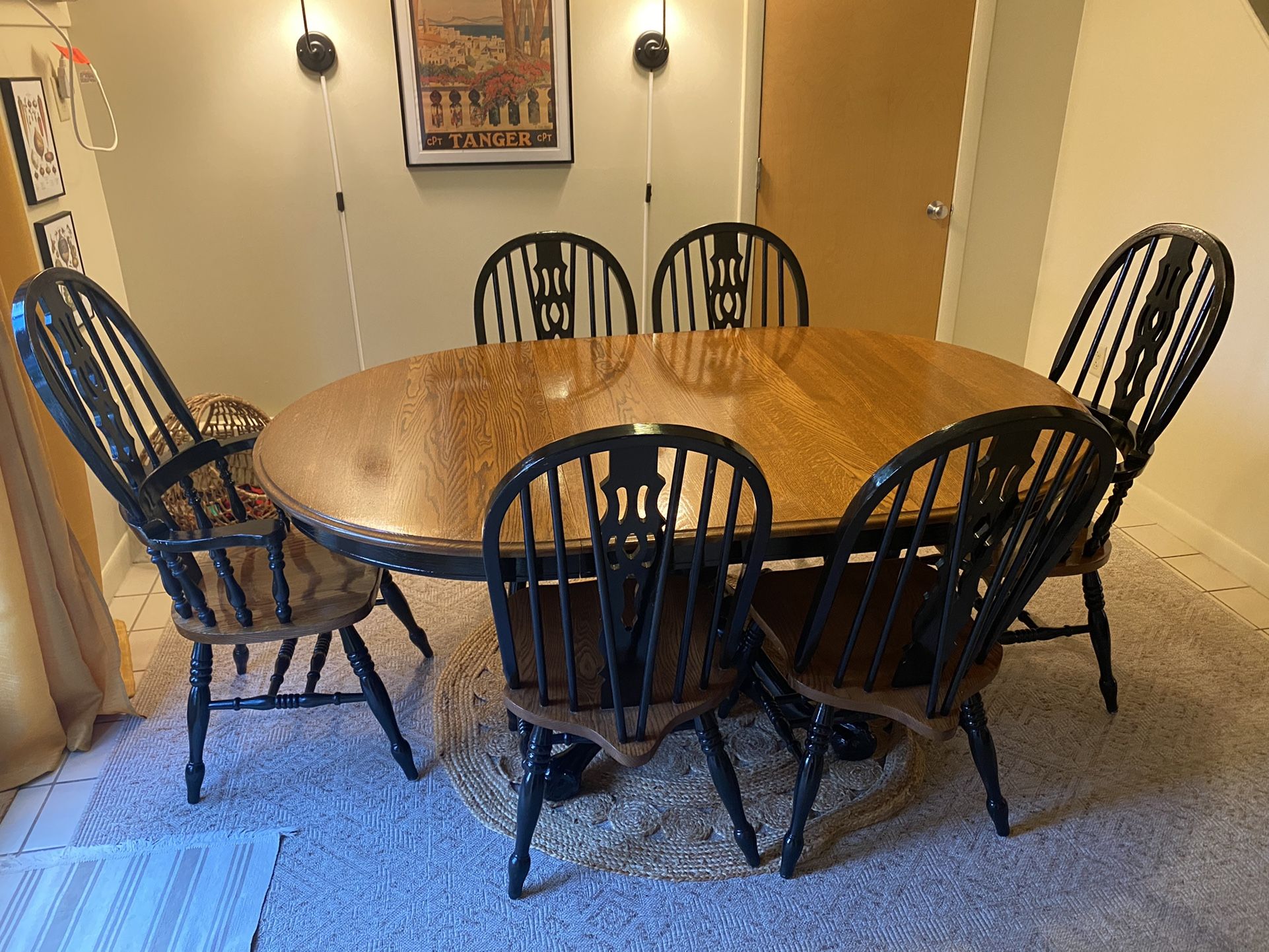 Pedestal Solid Oak HW Hull & Sons Table With Removable Leaf And Six Chairs