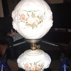 Vintage Double Globe Hurricane Lamp Milk Glass Pink Roses