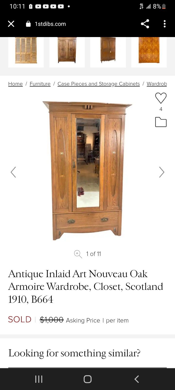 Antique Inlaid Art Nouveau Oak Armoire Wardrobe, Closet, Scotland 1910
Original Interior Hooks