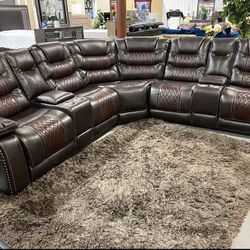 New Large Two-tone Brown Leather Reclining Sectional Sofa Couch With Consoles & Cup holders