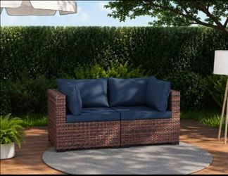 2-Piece Wicker Patio Sectional Set with Navy Blue Cushions #161