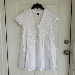 SHEIN Linen Blend Frill Trim Tie Neck Smock Dress White Babydoll dress size M
