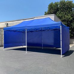 Brand New $225 Heavy Duty 10x20 ft Canopy with (4 Sidewalls), Outdoor Patio Pop Up Tent Gazebo, Blue/White