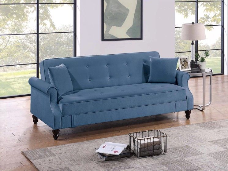 Brand New Blue Futon Sofa Storage Sleeper