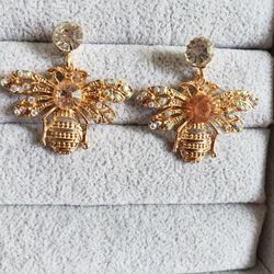 Gold Plated Bee Earrings With Colourful Crystal 