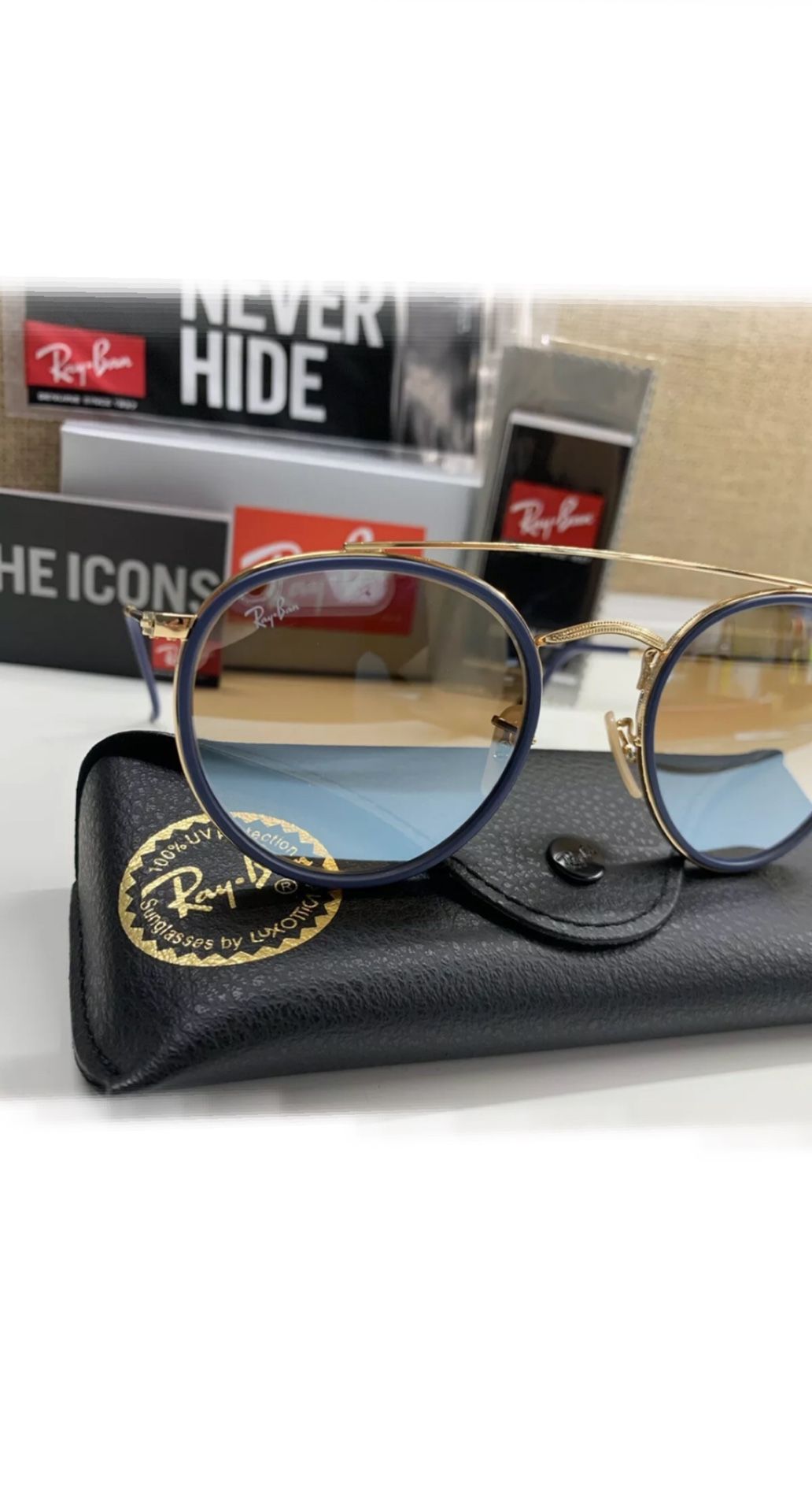 Rayban Round Gold Bridge Blue Circles Never Worn Comes With Everything