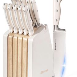Brandnew Kitchen Knife Set with Block and Sharpener, 12 Pcs Ultra-Sharp High Carbon Stainless Steel Knife Block Set with Non-Slip Full Tang Ergonomic 