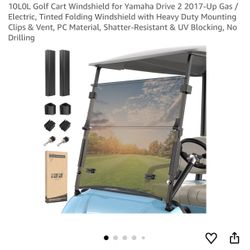 10L0L Golf Cart Windshield for Yamaha Drive 2 2017-Up Gas / Electric, Tinted Folding Windshield with Heavy Duty Mounting Clips & Vent, PC Material, Sh
