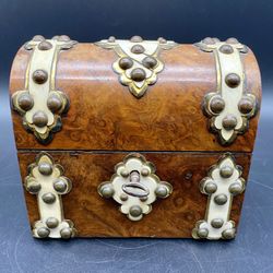 Antique Domed Burr Walnut Wood & Bone Box w/Key