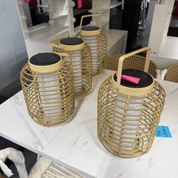 Solar Yard Outdoor Austin Solar Powered Floor Lamp Set of 4, 14-inch Wicker Woven LED Lamp, Water-Resistant Garden Light, Boho Style, Decor for Balcon