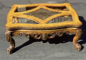 Vintage Ornate Wood and Glass Coffee Table